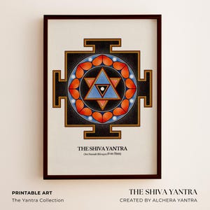Op de afbeelding: Een ingelijste print van The Shiva Yantra, een geometrisch kunstwerk met een centrale driehoek en cirkelvormige elementen in oranje, blauw en zwart. De print bevat tekst: "PRINTABLE ART" en "THE SHIVA YANTRA".