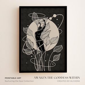 May include: Black framed art print with a black silhouette of a figure amidst leaves and a light beige circle. The text "AWAKEN THE GODDESS WITHIN" is at the bottom. Part of the "Nurturing the Soul Collection".