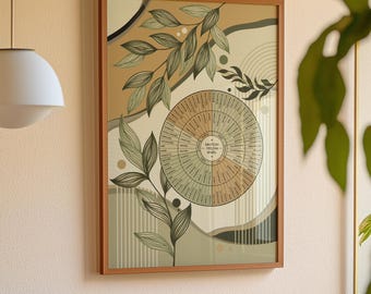 May include: Framed poster featuring an emotion feeling wheel design with botanical illustrations in shades of green, beige, and brown. The poster includes the text "EMOTION FEELING WHEEL NO.8" and "FRAMED POSTER | CREATED BY ALCHERA".