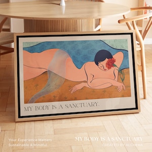 Decorazione moderna di metà secolo - Il mio corpo è un santuario, arte per l'amore di sé / Poster di donna nuda sdraiata con il suo garofano, regalo per la cura di sé