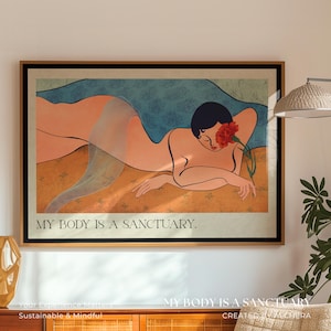 Affermazione artistica sulla guarigione della figura del corpo femminile - Il mio corpo è un santuario, donna nuda sdraiata, stampa botanica floreale, regalo di cura di sé energetico femminile