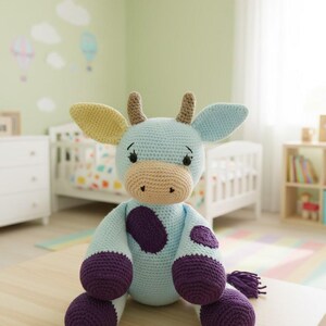 May include: A handmade crochet cow plush toy. The cow is light blue with purple spots and feet. It has yellow and light blue ears, brown horns, and a tan muzzle. The toy is sitting on a wooden table in a child's room.