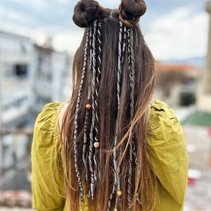Clip in Dreadlocks, Boho Hair Extensions, Viking braids on hair clips, Festival Hair, Wool dreads gray brown color Handmade hair accessories