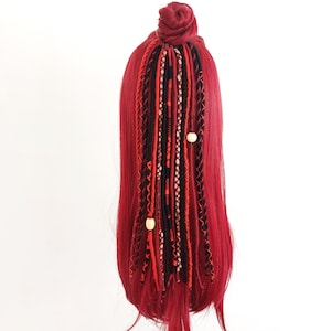 Elastic band with wool dreadlocks red, black, burgundy dreads hair extensions / Viking ponytail / Rasta hair