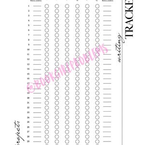 Puede incluir: Un rastreador de escritura en blanco y negro con una cuadrícula de círculos para hacer un seguimiento de los objetivos diarios de conteo de palabras. El rastreador está dividido en columnas para diferentes rangos de conteo de palabras, incluyendo menos de 1.000, 1.001-2.500, 2.501-4.000, 4.001-6.500, 6.501-8.000 y 8.001+. El rastreador también incluye una columna para el conteo total de palabras.