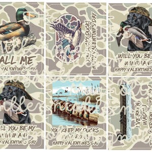 May include: Set of six Valentine's Day cards with a camouflage background. The cards feature illustrations of ducks, a black Labrador with a duck in its mouth, and text such as "Call Me" and "Will You Be My Wingman?"