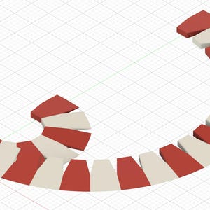 Könnte beinhalten: Eine rote und weiße gestreifte, gebogene Treppe mit abgerundeter Form. Die Treppe besteht aus einzelnen Stufen, die miteinander verbunden sind, um eine durchgehende Kurve zu bilden.