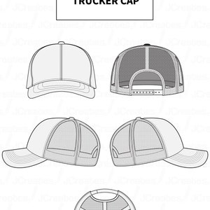 Puede incluir: Una ilustración en blanco y negro de una gorra de camionero vista desde cinco ángulos diferentes. La gorra tiene una parte trasera de malla y una visera curva.