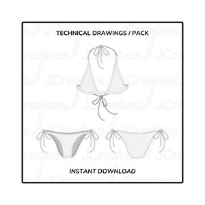 Puede incluir: Dibujos técnicos de la parte superior e inferior de un bikini. La parte superior es de estilo triangular con un lazo en el cuello y en la espalda. La parte inferior es de estilo de corte alto con lazos a cada lado.