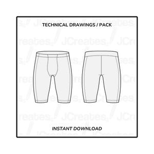 Könnte beinhalten: Technische Zeichnungen von Shorts für ein Bekleidungs-Schnittmuster. Die Zeichnungen zeigen die Vorder- und Rückseite der Shorts.