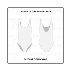 Puede incluir: Dibujo técnico de un traje de baño con escote redondo y tirantes sin mangas. El dibujo muestra las vistas frontal y posterior del traje de baño.