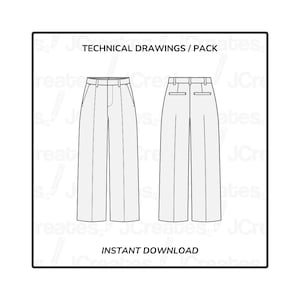 May include: Technical drawing of a pair of wide-leg pants with a front and back view. The drawing shows the pants with a waistband, pleats, and pockets.