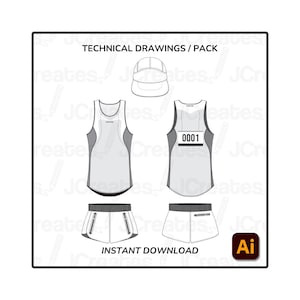 Puede incluir: Dibujos técnicos de un atuendo para correr, que incluye una camiseta sin mangas, pantalones cortos y una gorra. La camiseta tiene el número '0001' impreso en la parte delantera. Los dibujos están en blanco y negro.