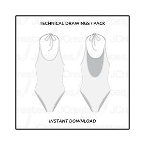 Puede incluir: Dibujos técnicos de un traje de baño con cuello halter y espalda escotada. Los dibujos muestran las vistas frontal y posterior del traje de baño.
