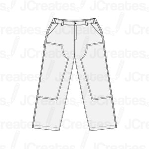 May include: A line drawing of a pair of pants with a wide leg and multiple pockets. The pants have a belt loop and a button closure.