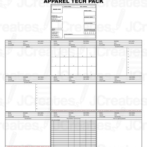 May include: A black and white tech pack template for apparel design. The template includes sections for brand logo, fabric details, size charts, and measurement specifications.