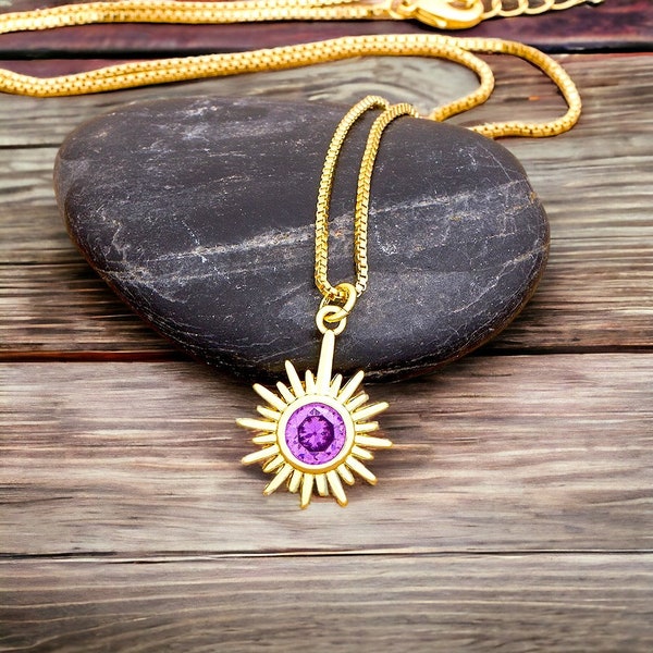 Amethyst Sun Pendant Necklace | Sunshine Pendant Necklace | Celestial Star Necklace | Dainty Gemstone | Mother's Day Gift For Mom