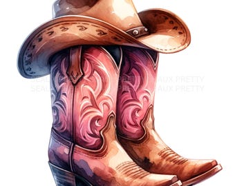 Cowgirl Boots With Hat PNG, Cowgirl Coquette Bow Boots PNG, Watercolor Cowboy Boots PNG, Cowgirl Boots Clipart, Digital Download