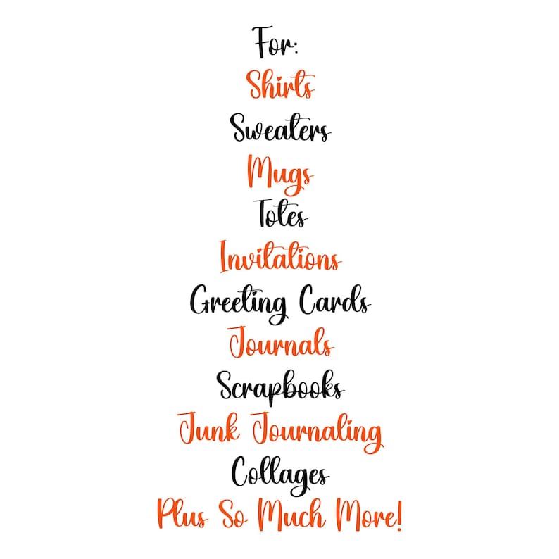 Op de afbeelding: Witte achtergrond met een lijst met items in zwarte en oranje tekst. De lijst bevat shirts, truien, mokken, draagtassen, uitnodigingen, wenskaarten, tijdschriften, plakboeken, junk journaling, collages en meer.