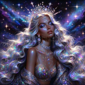 May include: Digital art of a celestial figure with long, flowing, iridescent hair and elaborate jewelry. She wears a jeweled crown, earrings, and a shimmering top. The background features a starry night sky with shades of purple, blue, and gold.