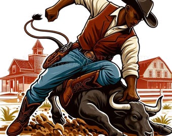 Black Cowboy PNG, Steer Wrestling Design, Black Rodeo, African American Western PNG, Black Cowboy Clipart, Melanin Cowboy, Digital Download