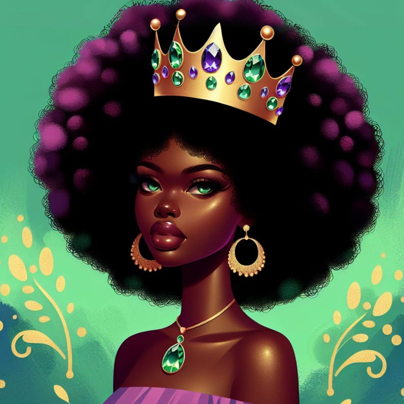 Op de afbeelding: Illustratie van een zwarte vrouw met een donkere huid, die een gouden kroon draagt ​​versierd met groene en paarse edelstenen. Ze heeft groot, krullend zwart haar, groene ogen en gouden oorringen. Een gouden ketting met een groene hanger en een paarse strapless top.