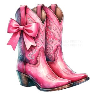 Op de afbeelding: Waterverfillustratie van een paar roze cowboylaarzen. De laarzen hebben decoratieve stiksels, een spitse neus en een kleine hak. Een grote roze strik is aan de linkerschoen bevestigd. De laarzen staan tegen een witte achtergrond.