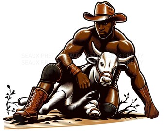 Black Cowboy PNG, Steer Wrestling Design, Black Rodeo, African American Western PNG, Black Cowboy Clipart, Melanin Cowboy, Digital Download