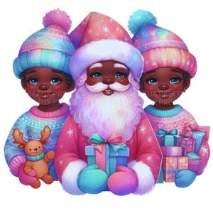 Iridescent Black Santa And Kids PNG, Black Santa Design, Black Santa Clipart, Christmas PNG, African American Santa, Melanin Santa png