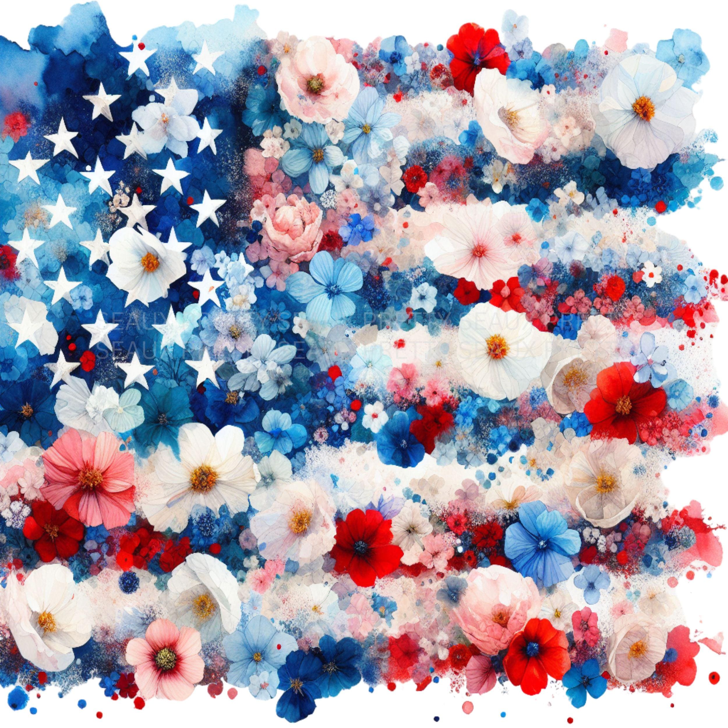 July 4th Floral American Flag PNG, Watercolor Fourth of July PNG ...