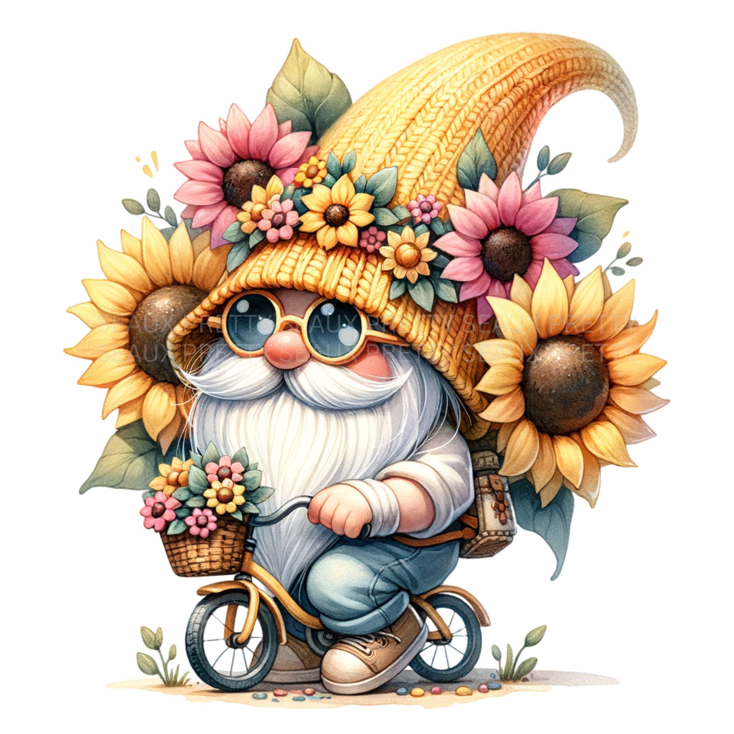 Watercolor Sunflower Gnome PNG, Gnome PNG, Bike Riding Gnome Design, Floral Gnome PNG, Crochet Gnome Design, Gnome Clipart, Digital Download