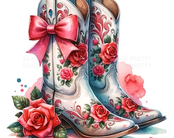 Cowgirl Rose Boots PNG, Cowgirl Coquette Boots PNG, Watercolor Cowboy Boots PNG, Cowboy Boots png, Cowgirl Boots Clipart, Digital Download