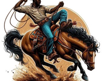 Cowboy noir PNG, Bucking Cowboy Design, rodéo noir, PNG Western afro-américain, Clipart cowboy noir, cowboy mélanine, téléchargement numérique