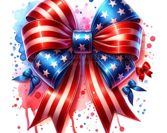 Amerikanische Flagge Schleife PNG, Aquarell Vierter Juli PNG, Gott segne Amerika Png, Flagge Kokette Bogen Design, USA Flagge Png, digitaler Download