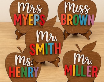 Personalized Teacher Apple Sign: Wooden Desk Decor with Name