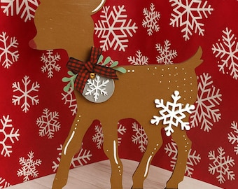 Handmade Wooden Reindeer Decor with Snowflake & Plaid Bow, Rustic Christmas Shelf Sitter, Winter Farmhouse Holiday Decoration