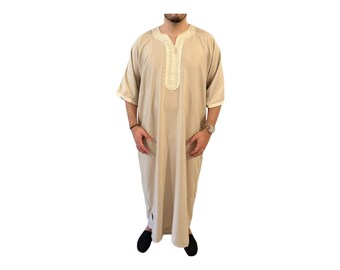 Gandoura/Qamis Homme Beige Crème - Artisanat Traditionnel Marocain en Coton de Qualité Supérieure