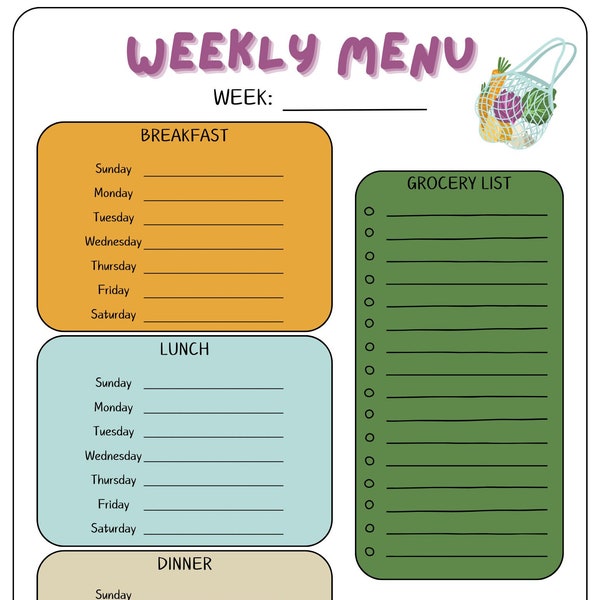Weekly Menu Printable, Weekly Meals, Meal Planning, Grocery List, Digital Download, Breakfast, Lunch, and Dinner Menu, Meal Organization