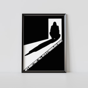 May include: Black and white illustration of a person sitting in a doorway with a long shadow. The text "He's eight foot tall with a fibreglass heart" is written diagonally across the image.