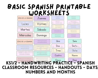 Simple Spanish KS1 KS2 Printable Worksheets, Digital Vocab Cards, Display and Student Handout, Spanish Teacher Classroom - Handwriting