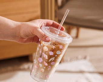 Sea Life Tumbler with Straw | 16oz Acrylic Coffee Cup with Pastel Ocean Design | Coastal Aesthetic Iced Drink Cup | Double Wall Insulated