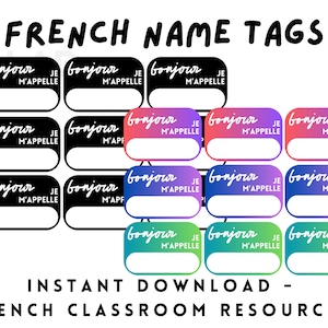 Porte-noms en français, fichier imprimable, cartes de vocabulaire numériques, présentoir et document pour l'élève, professeur de français, décoration de salle de classe de français