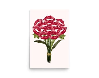 Lipstick Kiss Bouquet Art Print | Romantic Wall Art Poster | Museum-Quality Matte Paper | Flirty Feminine Decor | Modern Pop Art Gift