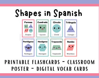 Spanish Shapes Printable Posters, Flashcards Digital Vocab Cards, Display and Student Handout, Spanish teacher, Spanish Classroom Decoration