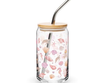 Ocean Sea Life Glass Cup | 16oz Tumbler with Pastel Shells & Sea Creatures | Coastal Aesthetic Drinkware | Gift for Her