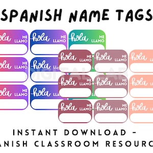 Spanish Name Tags Printable File, Flashcards Digital Vocab Cards, Display and Student Handout, Spanish teacher, Spanish Classroom Decoration