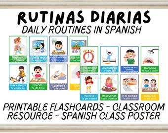 Spanish Daily Routines Printable Posters, Flashcards Digital Vocab Cards, Display and Student Handout, Spanish teacher, Spanish Classroom