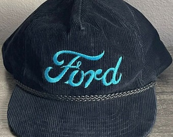 Vintage Ford Corduroy Snap Back Trucker Hat. Black Teal Blue RARE headmaster