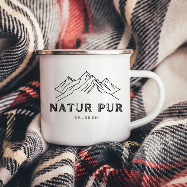 Emaille Tasse Natur Pur Erleben - Robuster Outdoor Becher mit Aufdruck - Abenteuer Kaffeepott für Camper - Geschenk für Naturfreunde