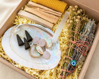 Spiritual Gift Self Care Kit for Women, Palo Santo Sage Cleansing Kit, Crystal Set, Energy Cleanse, Meditation Healing Gift